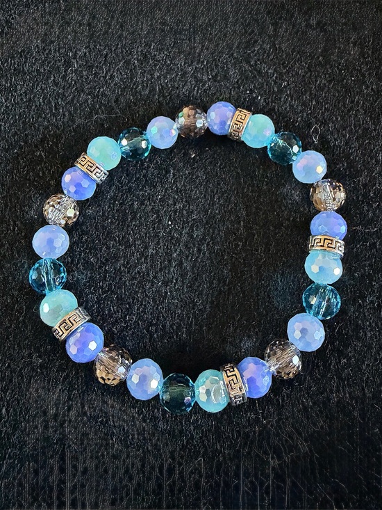 Jewelry - Iridescent Blue & Teal Faceted Bead Stretch Bracelet with Silver Accents